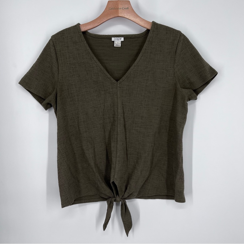J. Crew Olive Green Textured V-Neck Tie Front Tee